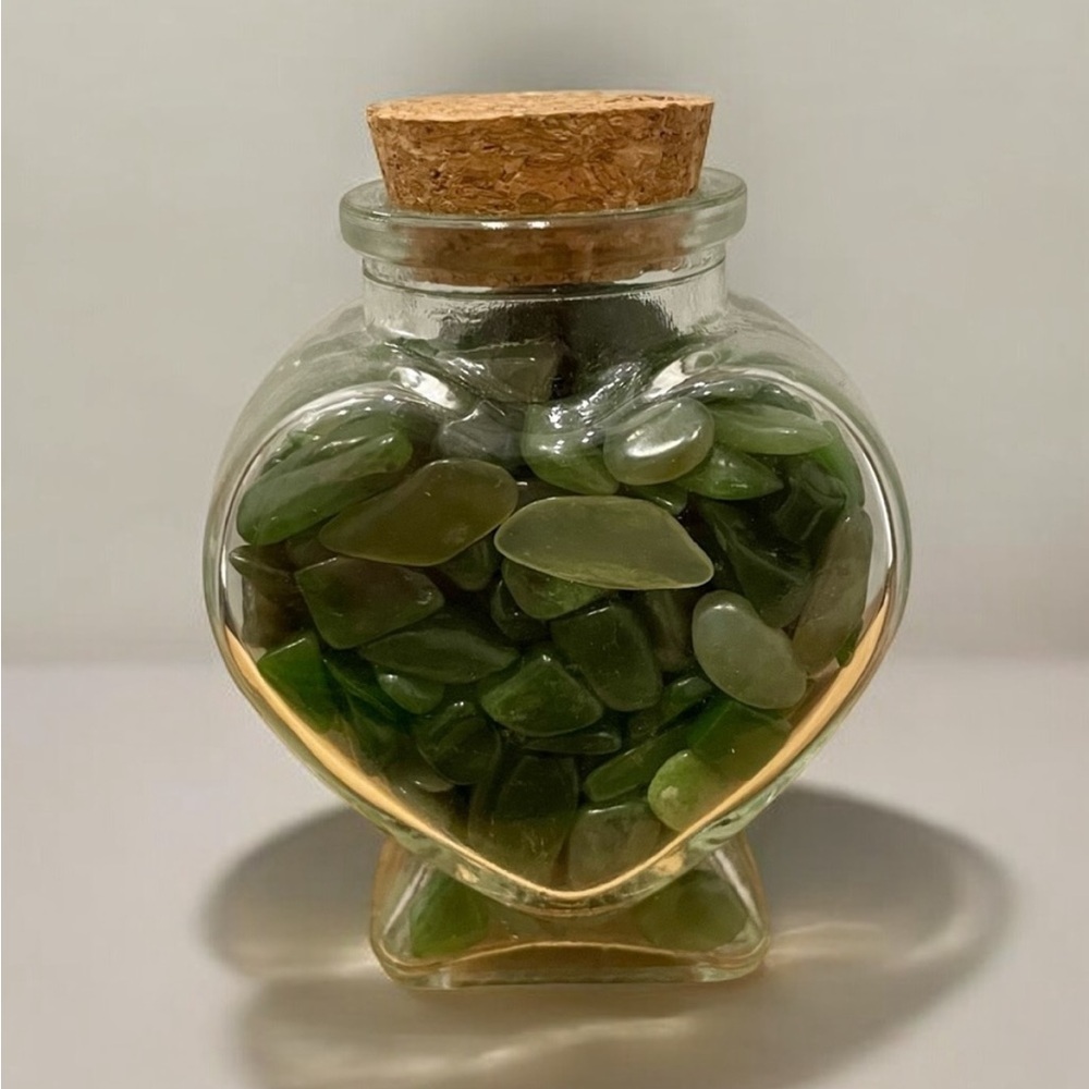 Green Jade Chips in Glass Heart Jar